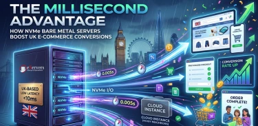 Infographic illustrating NVMe bare metal servers improving UK e-commerce page load speeds and checkout completion rates, by eServers
