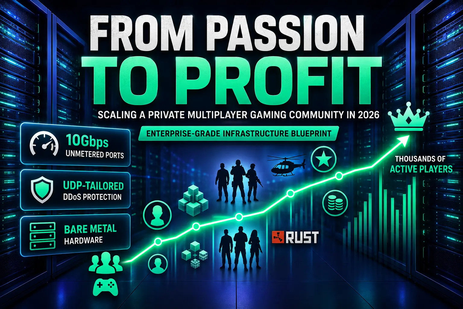 Illustration showing a private multiplayer gaming community scaling up using eServers bare metal hardware, 10Gbps ports, and DDoS protection