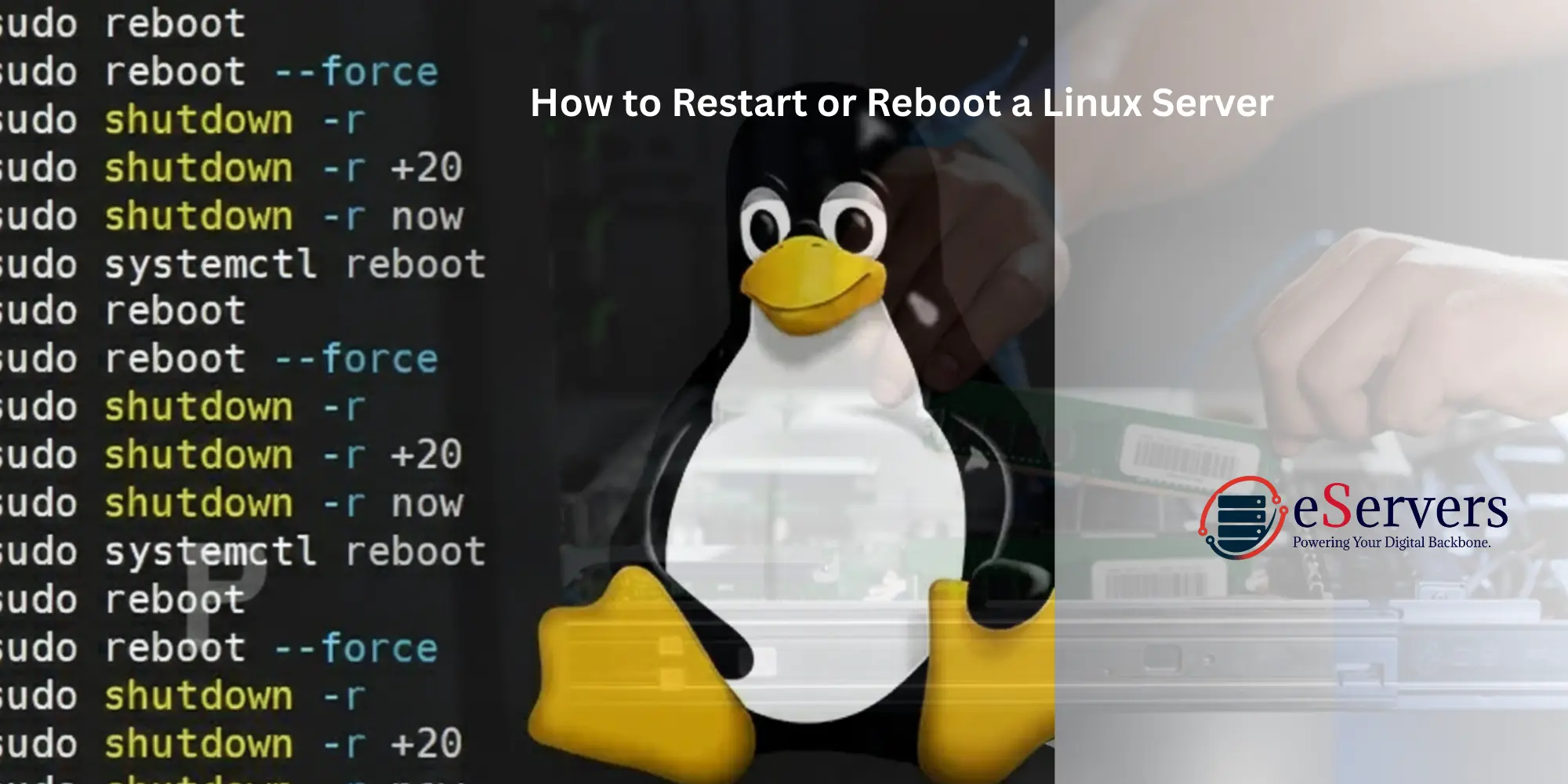 Illustration showing how to restart and reboot a Linux server via terminal commands